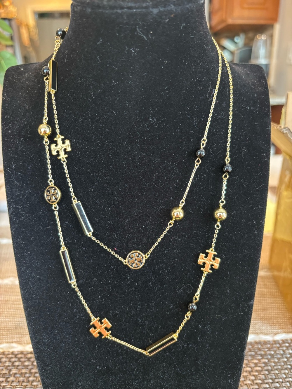 Tory Burch Gold and Black Double Station Logo Necklace